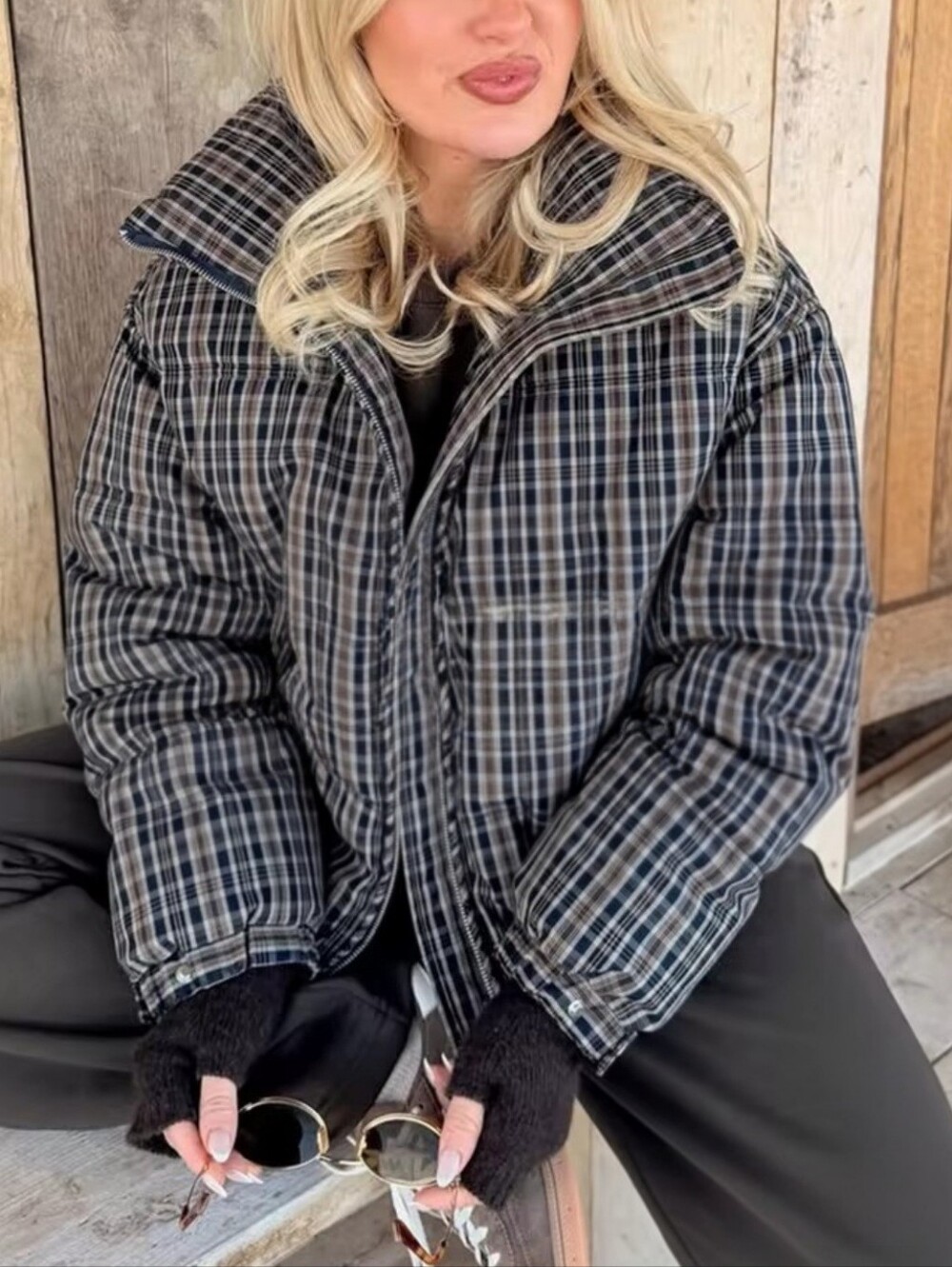 Plaid Puffer Jacket - Black/Grey